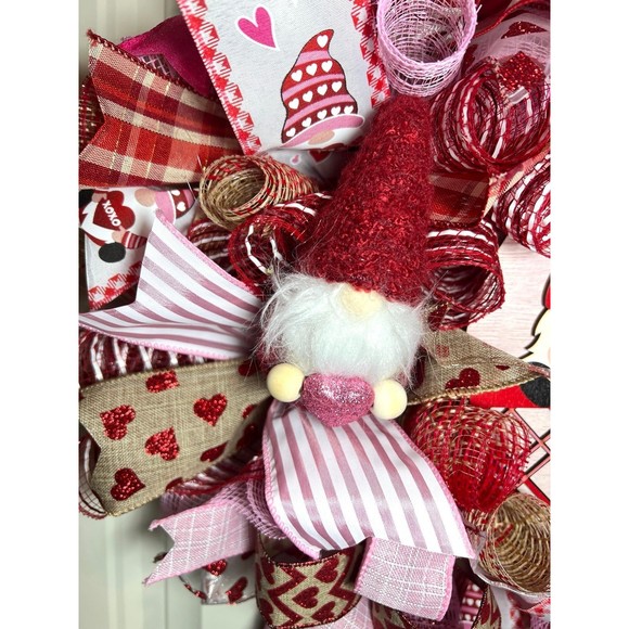 Handmade Valentine’s Home Sweet Gnome Ribbon Prelit Wreath 22 ins LED W18 - Picture 5 of 12